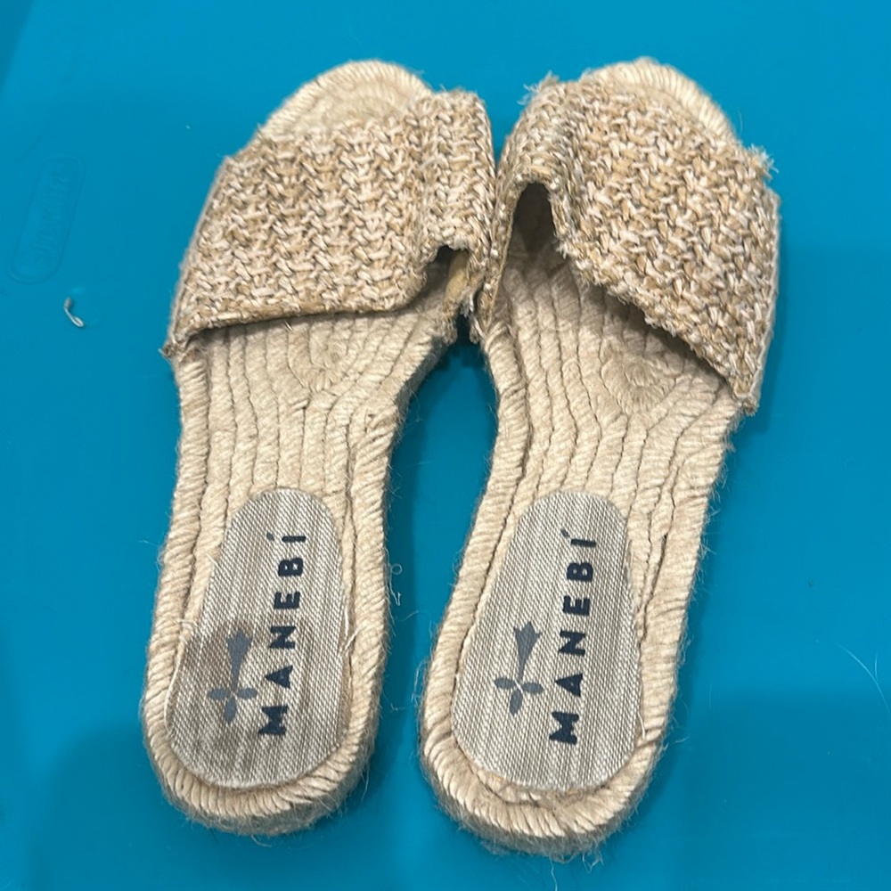 Manebi striped raffia woven slides neutral beige cream tan  slides size 38 or 8